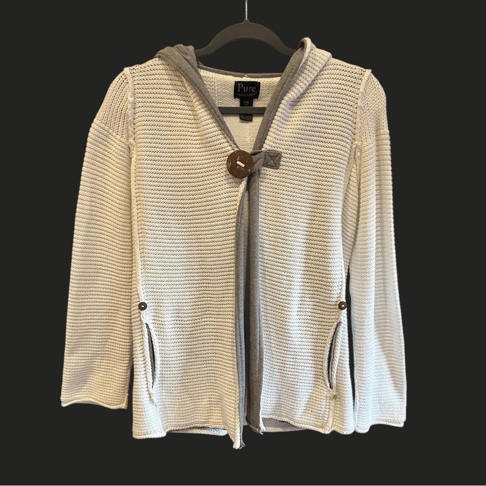 PURE Cotton Handknit Chunky White Button Cardigan Sweater Hoodie S/M‎